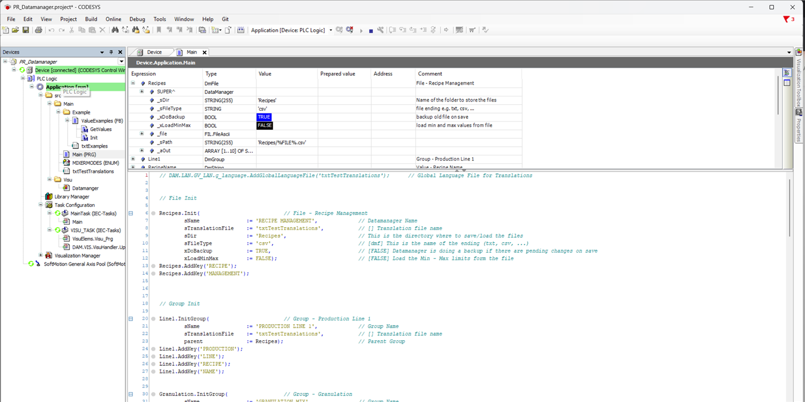 AS Data Manager – structured recipe management in a CODESYS project